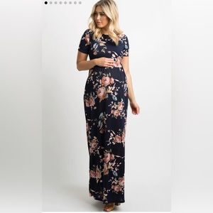 Pinkblush Navy Blue Rose Print Short Sleeve Maternity Maxi Dress